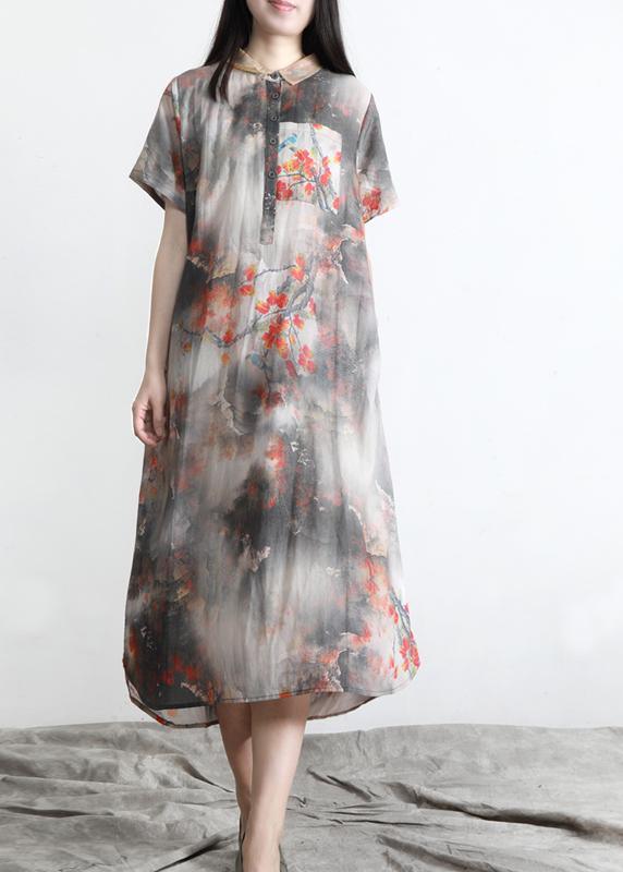 DIY Grey Print Silk Pockets Summer Vacation Dresses - Omychic