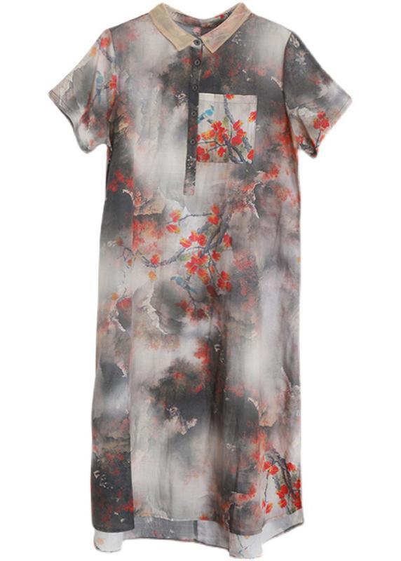 DIY Grey Print Silk Pockets Summer Vacation Dresses - Omychic