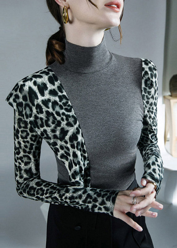 DIY Grey Turtleneck Print Patchwork Top Long Sleeve