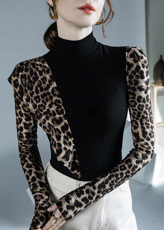DIY Grey Turtleneck Print Patchwork Top Long Sleeve