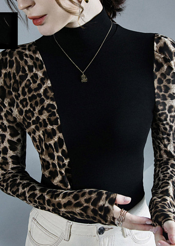DIY Grey Turtleneck Print Patchwork Top Long Sleeve