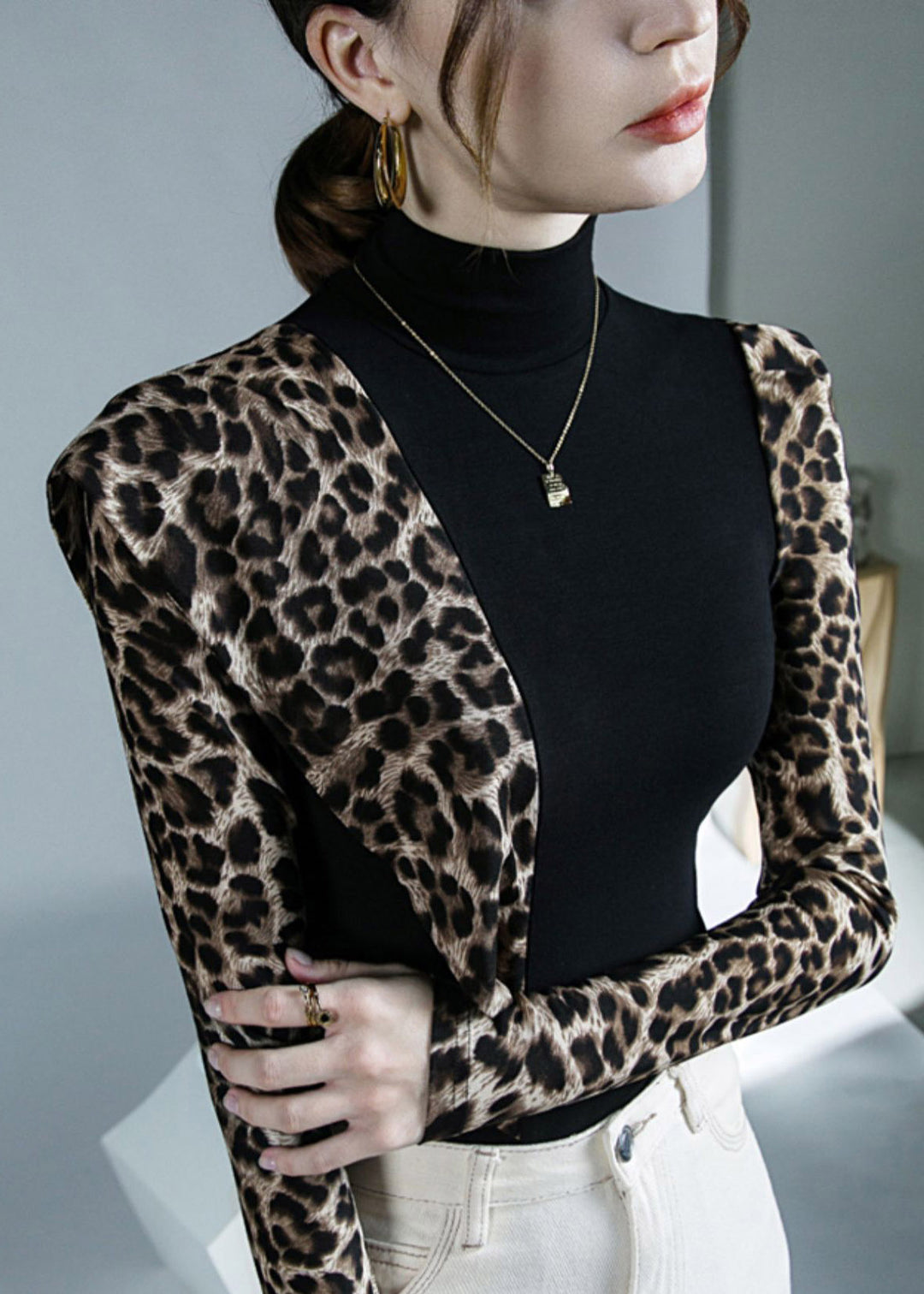 DIY Grey Turtleneck Print Patchwork Top Long Sleeve