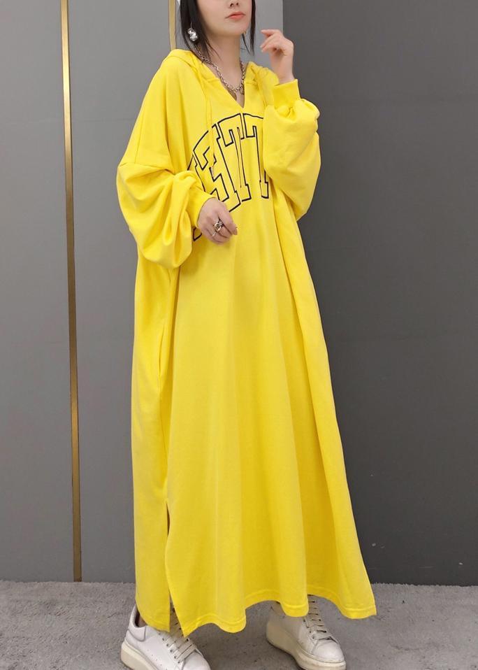 DIY Hooded Side Open Spring Quilting Clothes Yellow Letter Long Dresses - Omychic
