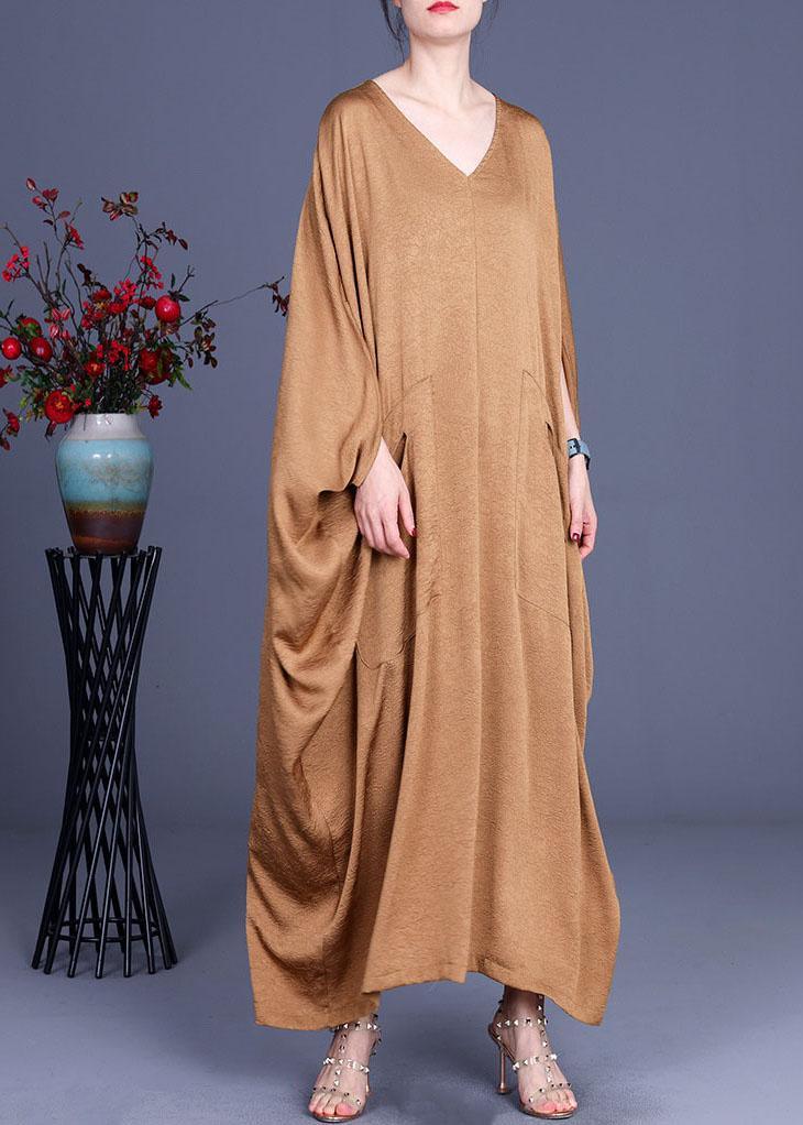 DIY Khaki Asymmetrical V Neck Summer Silk Sundress Bat wing Sleeve - Omychic