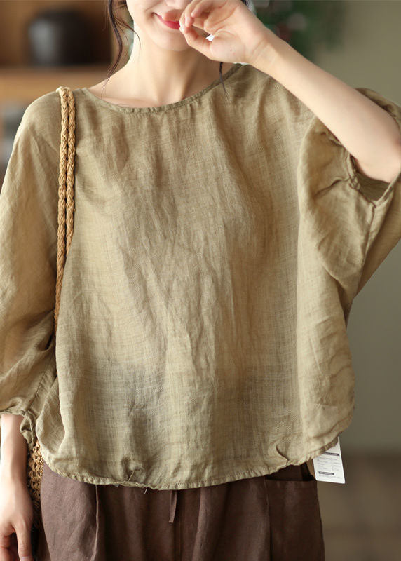 DIY Khaki O Neck Patchwork Cotton T Shirts Top Batwing Sleeve