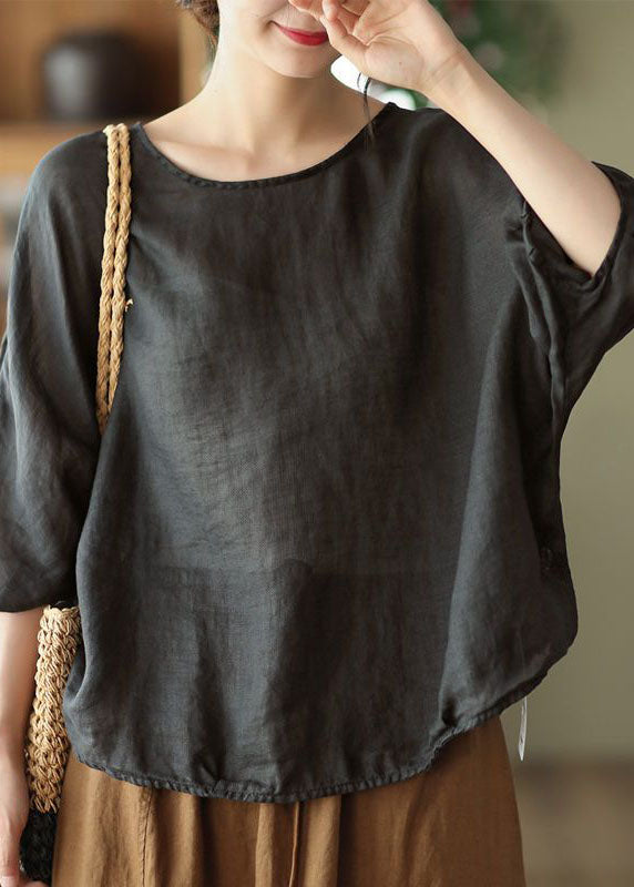 DIY Khaki O Neck Patchwork Cotton T Shirts Top Batwing Sleeve