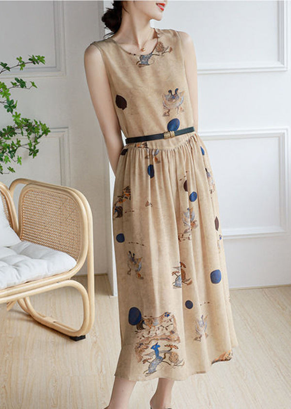 DIY Khaki O-Neck Print Chiffon Holiday Dress Sleeveless