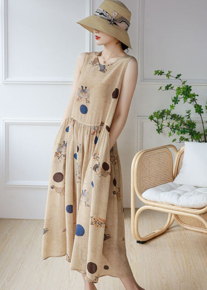 DIY Khaki O-Neck Print Chiffon Holiday Dress Sleeveless