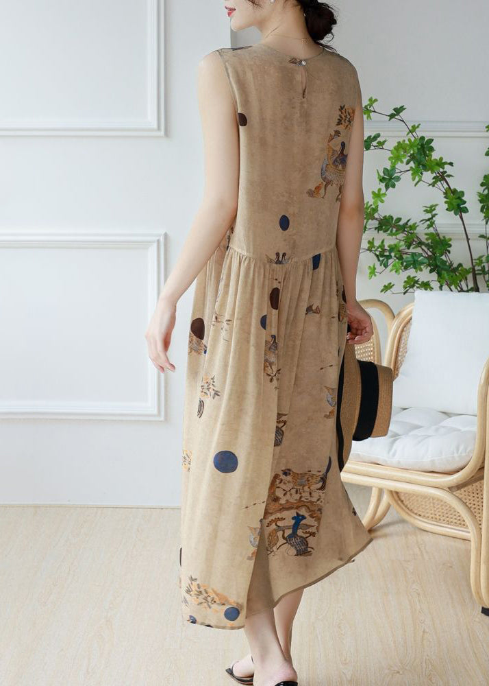 DIY Khaki O-Neck Print Chiffon Holiday Dress Sleeveless