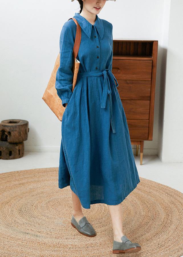 DIY Lapel Tie Waist Spring Clothes Pattern Blue Loose Dresses - Omychic