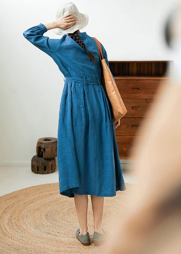 DIY Lapel Tie Waist Spring Clothes Pattern Blue Loose Dresses - Omychic