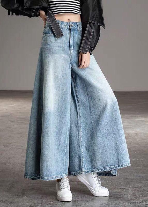 DIY Light Blue fashion Pockets Casual Wide Leg Fall Denim Pants - Omychic