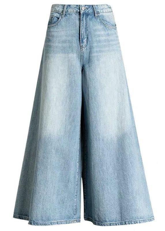 DIY Light Blue fashion Pockets Casual Wide Leg Fall Denim Pants - Omychic
