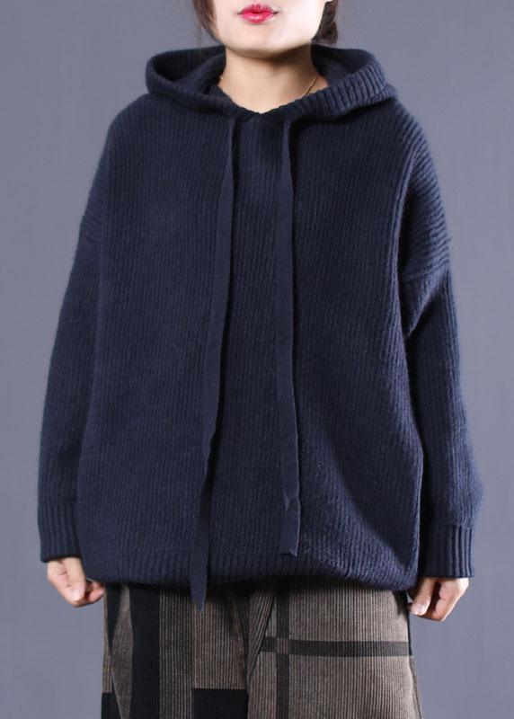 DIY Navy Hooded Loose Fall Knitted Top - Omychic