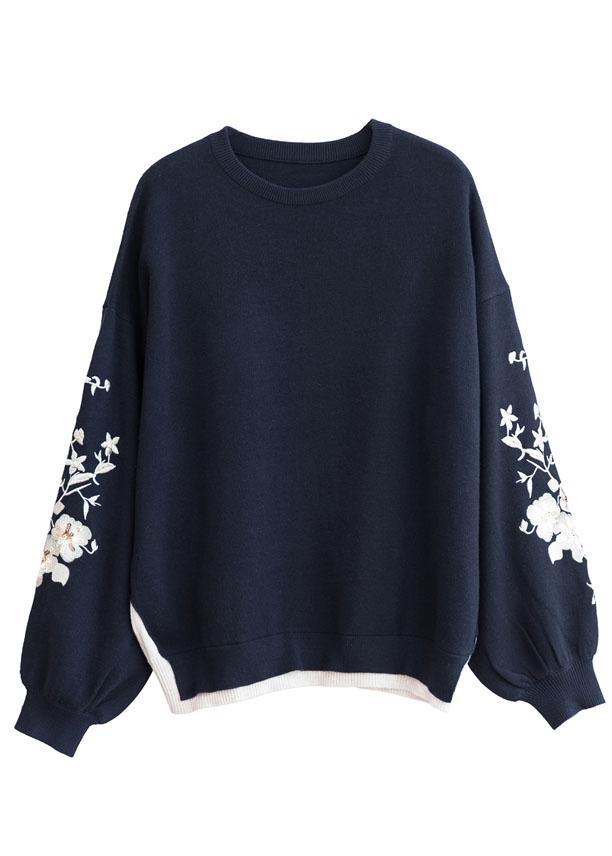 DIY Navy O-Neck Sequins Embroideried Fall Knit Sweaters - Omychic