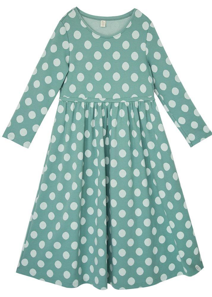 DIY O Neck Cinched Spring Quilting Dresses Pattern Green Dotted Loose Dresses - Omychic