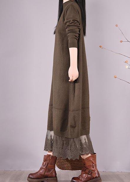 DIY O Neck Patchwork Lace Spring Tunics Linen Chocolate A Line Dress - Omychic