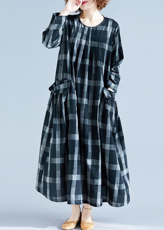 DIY O Neck Pockets Spring Tunics Gray Plaid Maxi Dress - Omychic