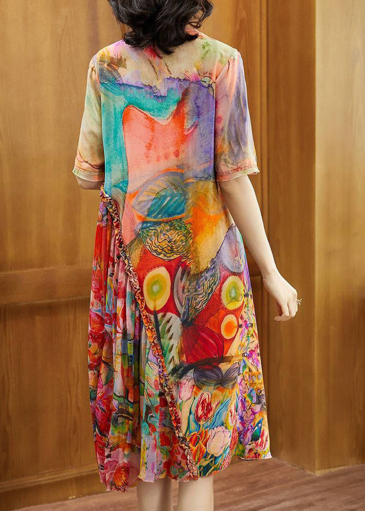 DIY O-Neck Print Wrinkled Silk Maxi Dresses Short Sleeve