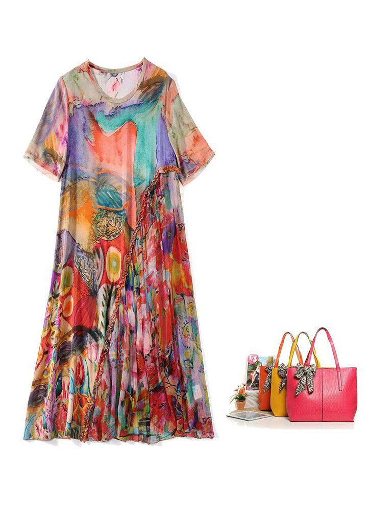 DIY O-Neck Print Wrinkled Silk Maxi Dresses Short Sleeve