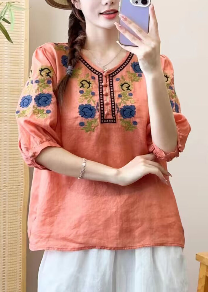 DIY Orange O Neck Embroideried Patchwork Linen Shirts Bracelet Sleeve - Omychic