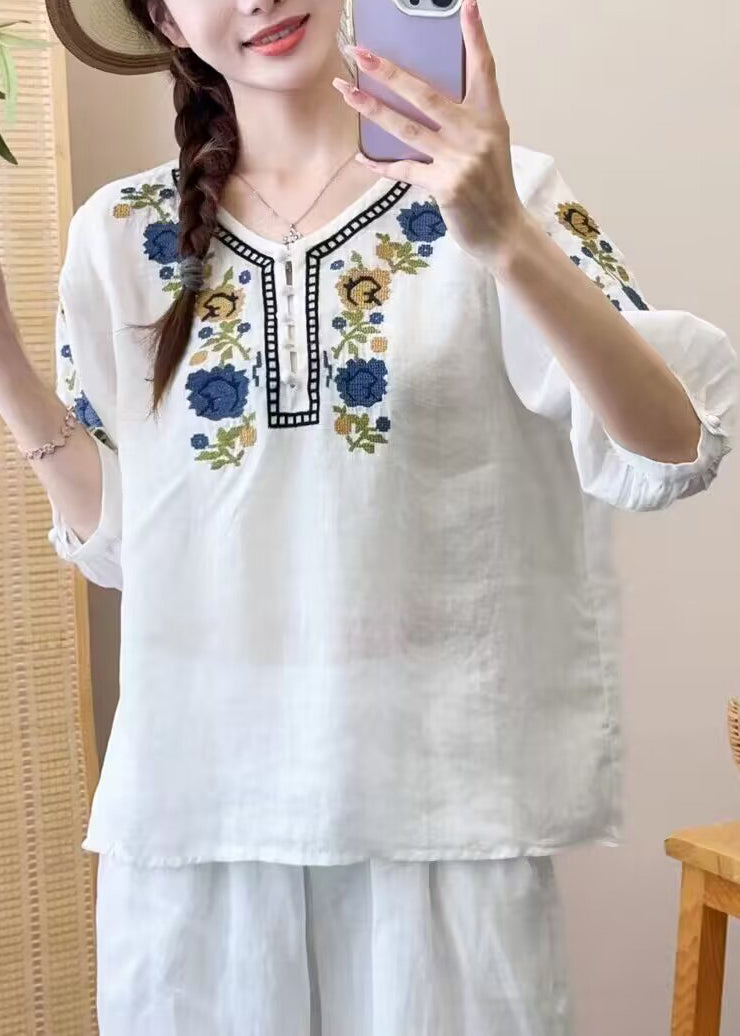 DIY Orange O Neck Embroideried Patchwork Linen Shirts Bracelet Sleeve - Omychic