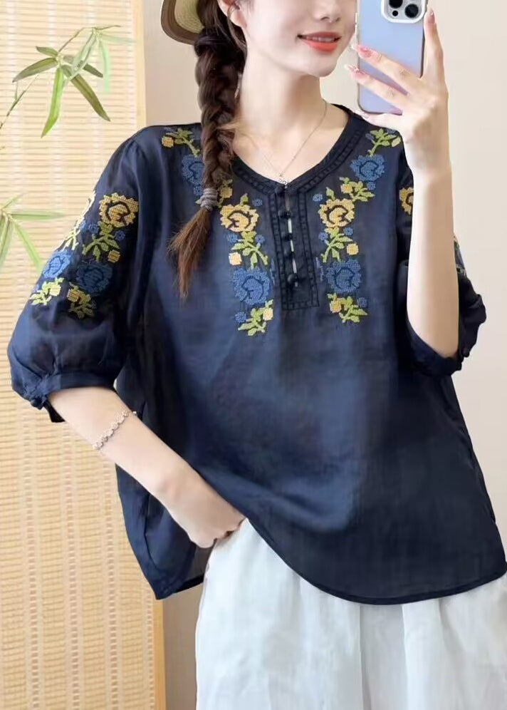 DIY Orange O Neck Embroideried Patchwork Linen Shirts Bracelet Sleeve - Omychic