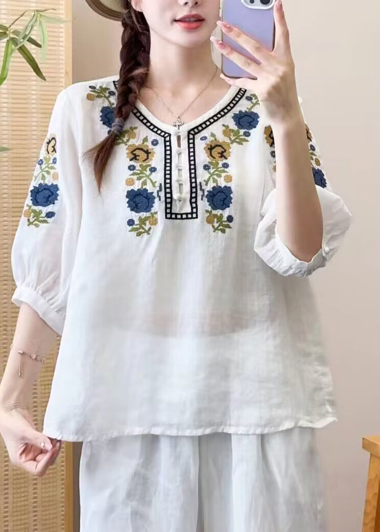 DIY Orange O Neck Embroideried Patchwork Linen Shirts Bracelet Sleeve - Omychic