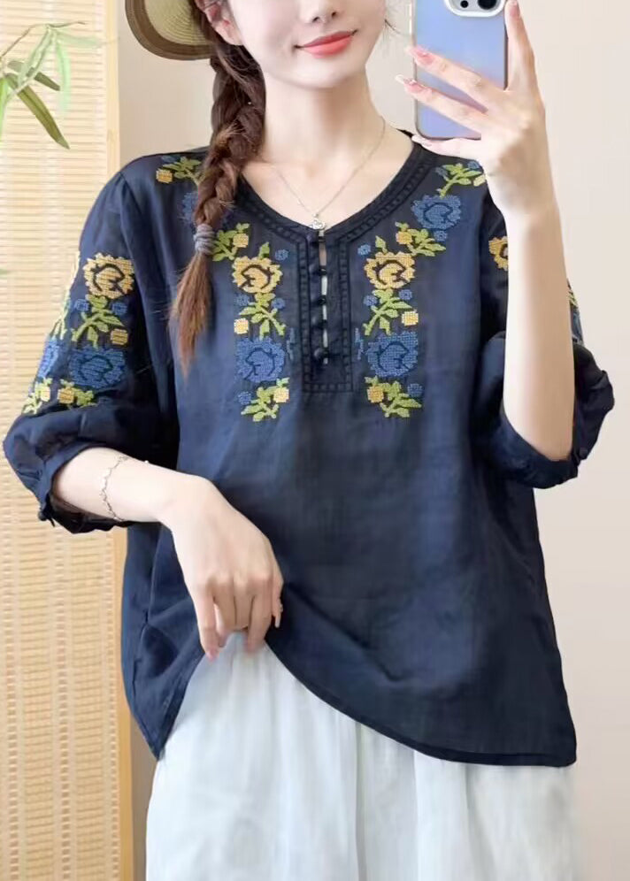 DIY Orange O Neck Embroideried Patchwork Linen Shirts Bracelet Sleeve - Omychic