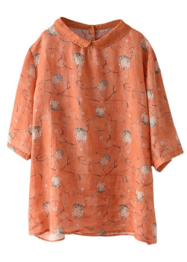 DIY Orange Print Ramie Half Sleeve Shirt Summer - SooLinen