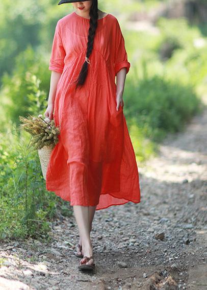 DIY Orange Red Clothes O Neck Cinched Robes Summer Dress - Omychic