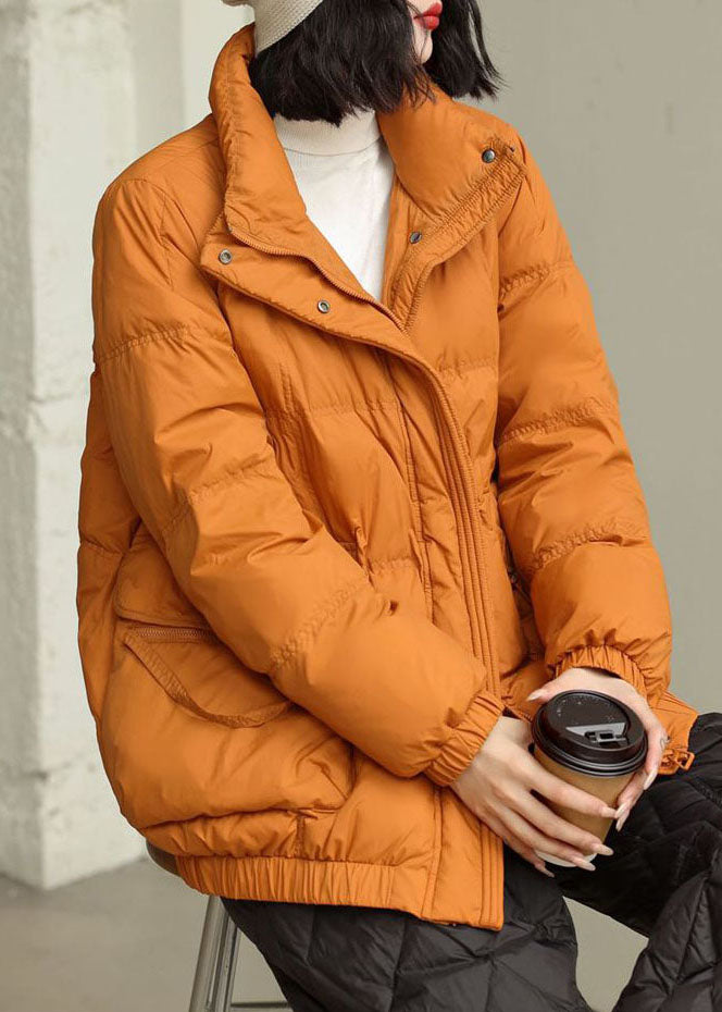 DIY Orange Stand Collar Zip Up Pockets Duck Down Jacket In Winter
