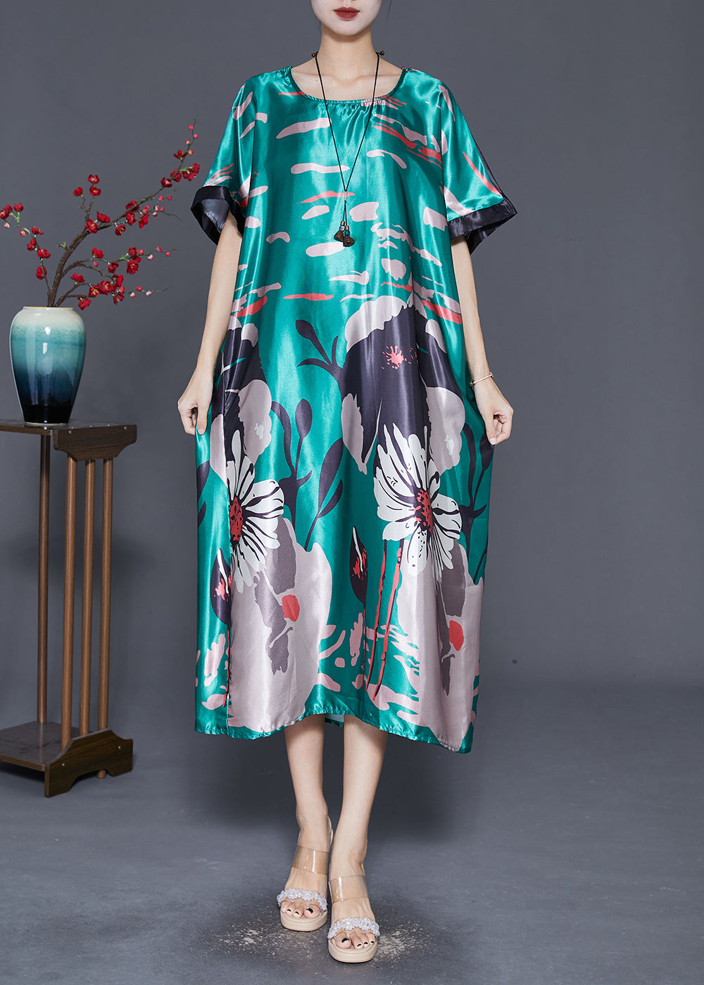 DIY Peacock Green Oversized Print Silk Dress Summer