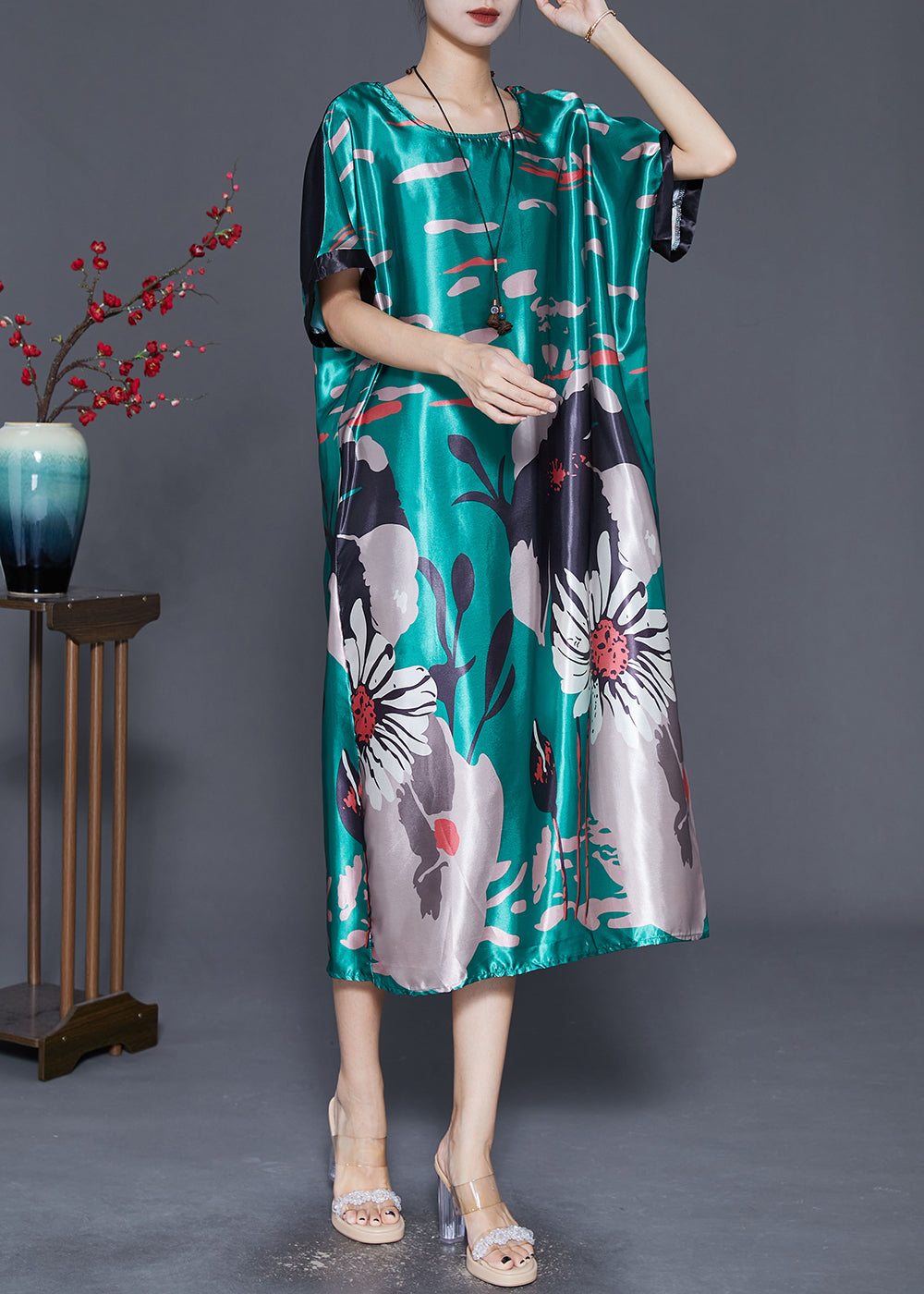 DIY Peacock Green Oversized Print Silk Dress Summer