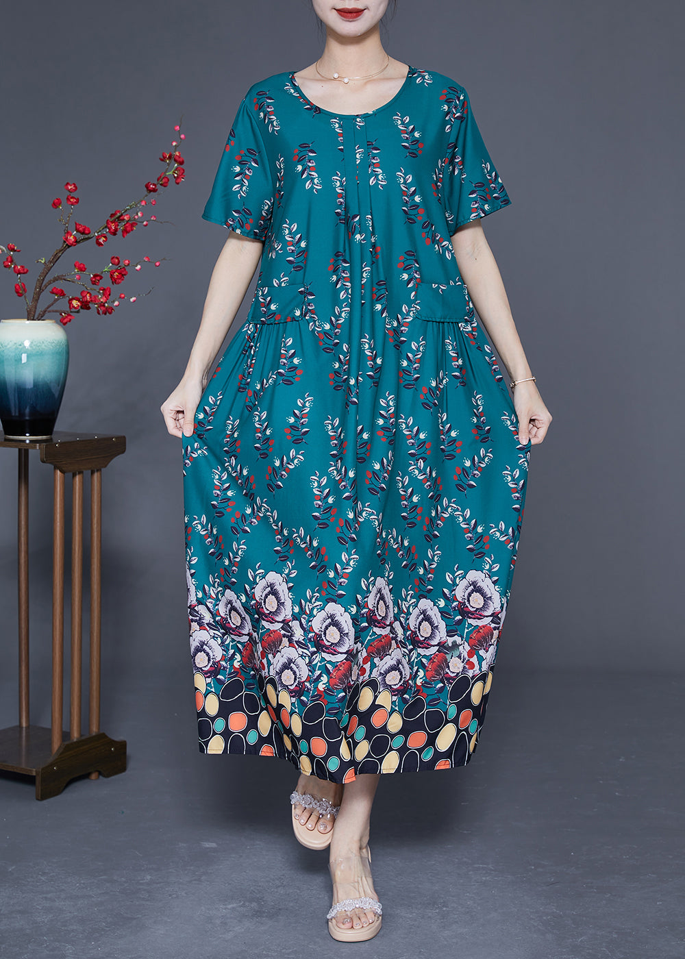 DIY Peacock Green Oversized Print Wrinkled Silk Maxi Dress Summer