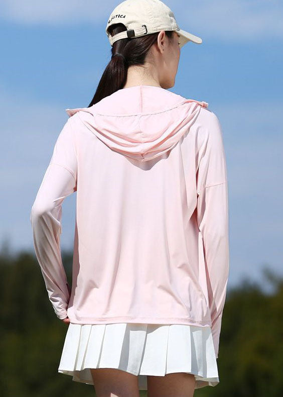 DIY Pink Hooded Zip Up Pockets Patchwork Ice Silk UPF 50+ Coat Summer