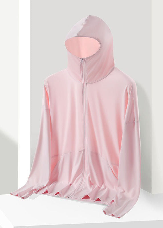 DIY Pink Hooded Zip Up Pockets Patchwork Ice Silk UPF 50+ Coat Summer