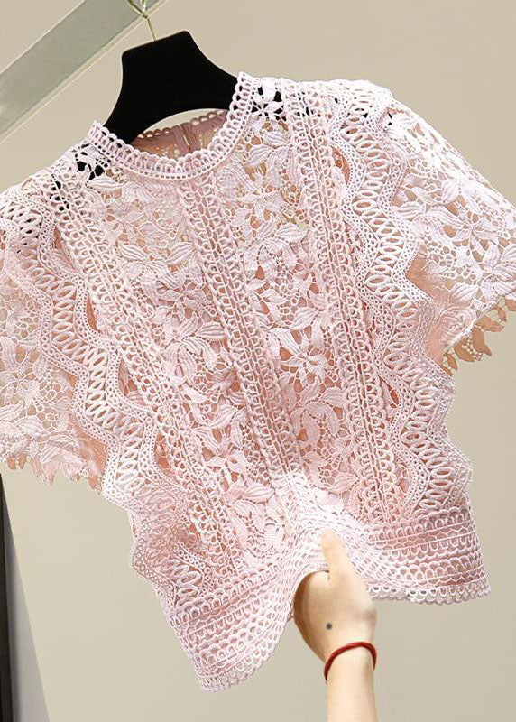 DIY Pink O Neck Hollow Out Patchwork Lace Shirt Summer