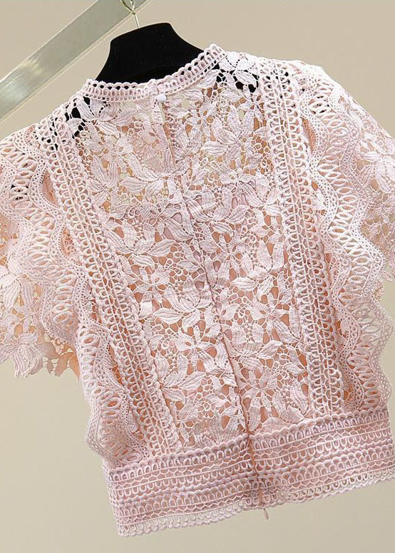 DIY Pink O Neck Hollow Out Patchwork Lace Shirt Summer