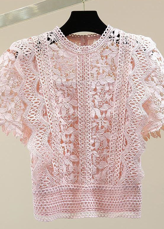 DIY Pink O Neck Hollow Out Patchwork Lace Shirt Summer