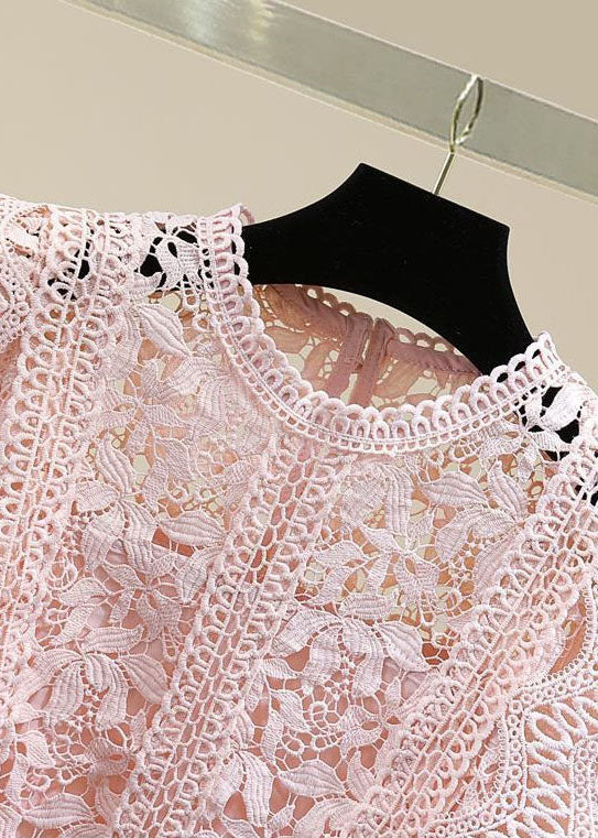 DIY Pink O Neck Hollow Out Patchwork Lace Shirt Summer