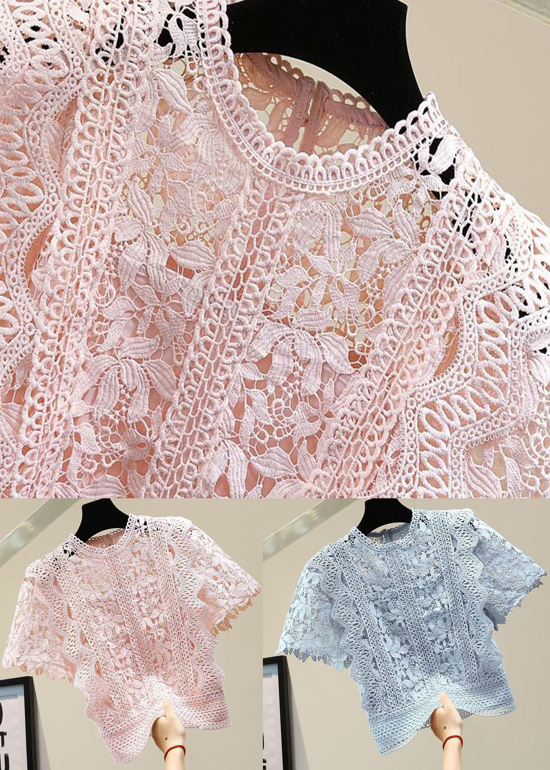 DIY Pink O Neck Hollow Out Patchwork Lace Shirt Summer