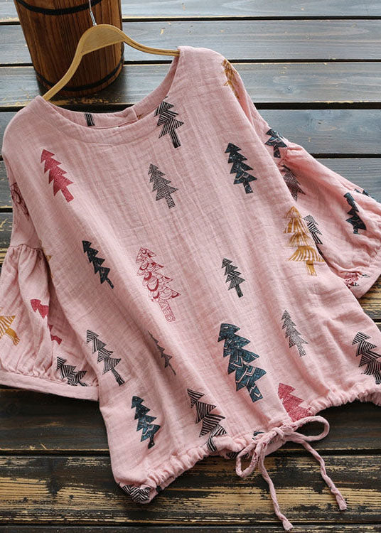 DIY Pink O Neck Print Cinched Patchwork Cotton Shirt Top Summer