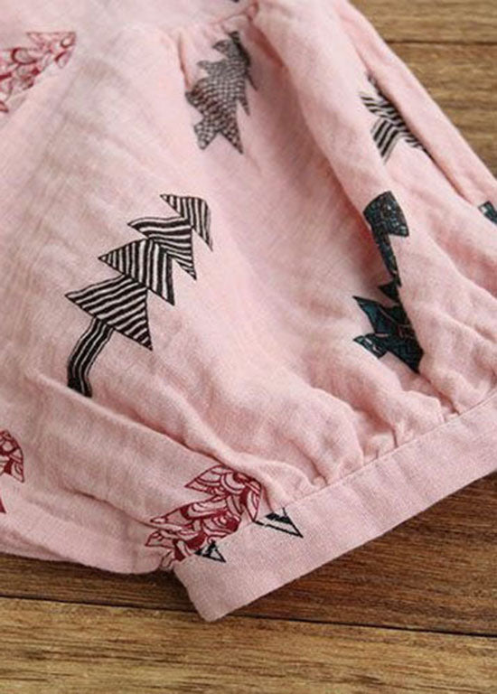 DIY Pink O Neck Print Cinched Patchwork Cotton Shirt Top Summer