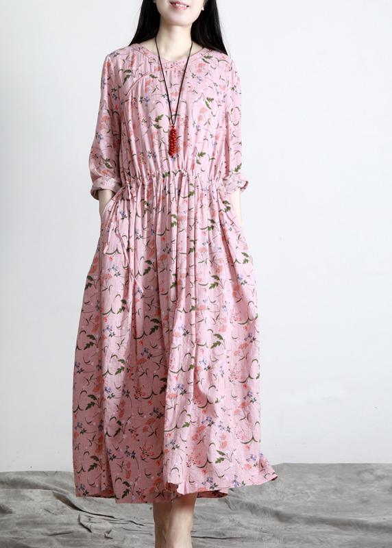 DIY Pink Print V Neck Long sleeve Party Summer Cotton Dress - Omychic