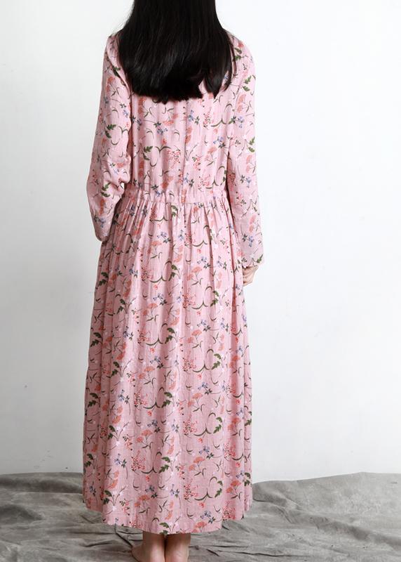 DIY Pink Print V Neck Long sleeve Party Summer Cotton Dress - Omychic