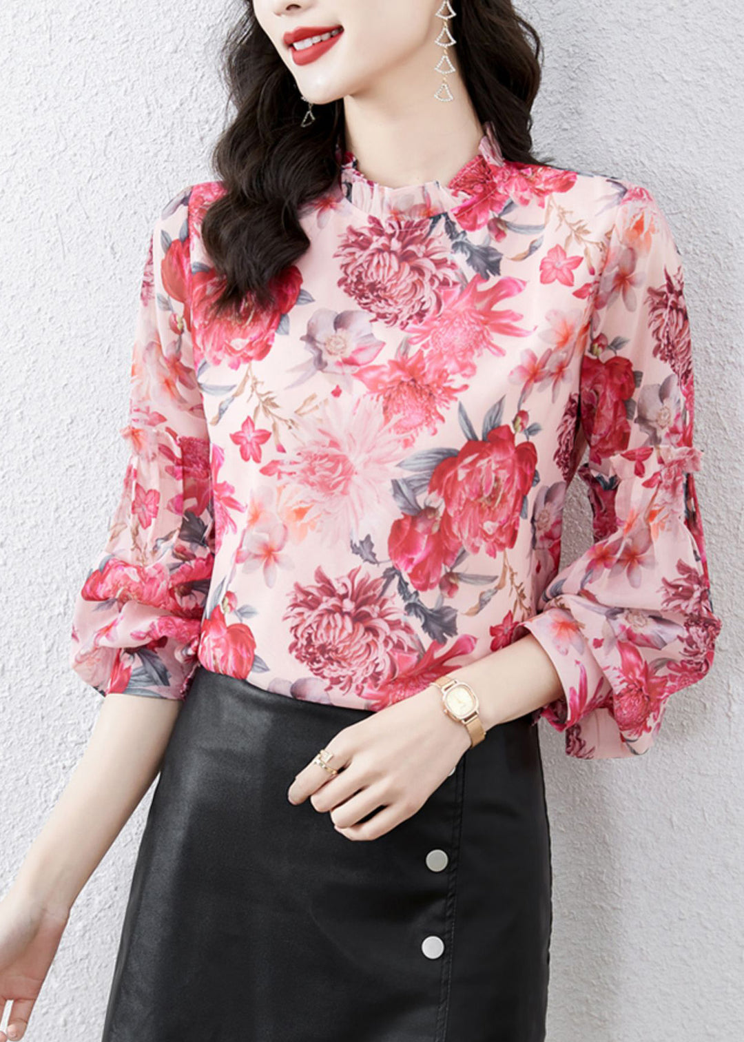 DIY Pink Stand Collar Print Chiffon Shirt Spring