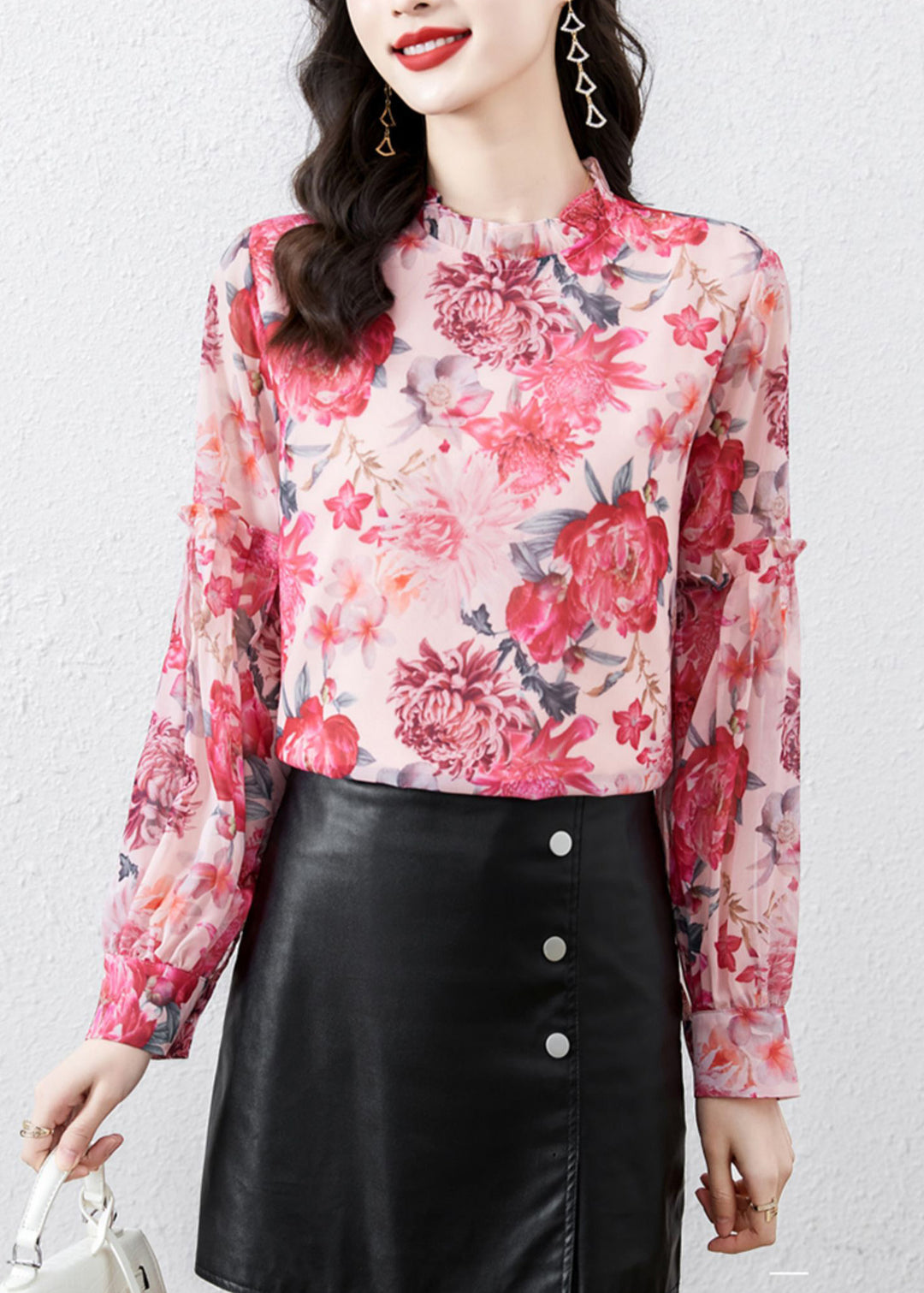 DIY Pink Stand Collar Print Chiffon Shirt Spring