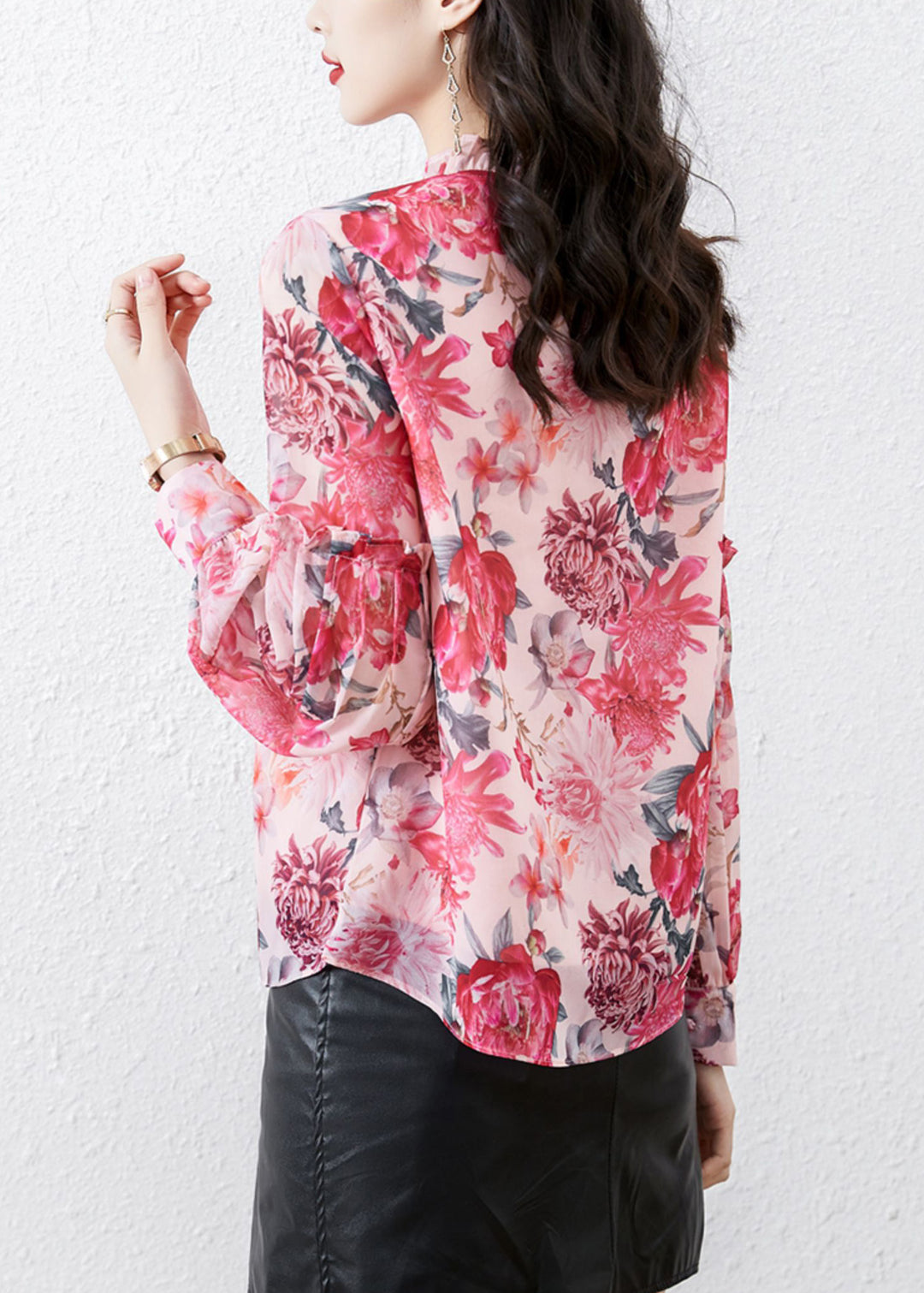 DIY Pink Stand Collar Print Chiffon Shirt Spring