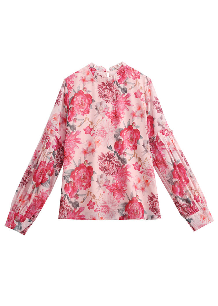 DIY Pink Stand Collar Print Chiffon Shirt Spring